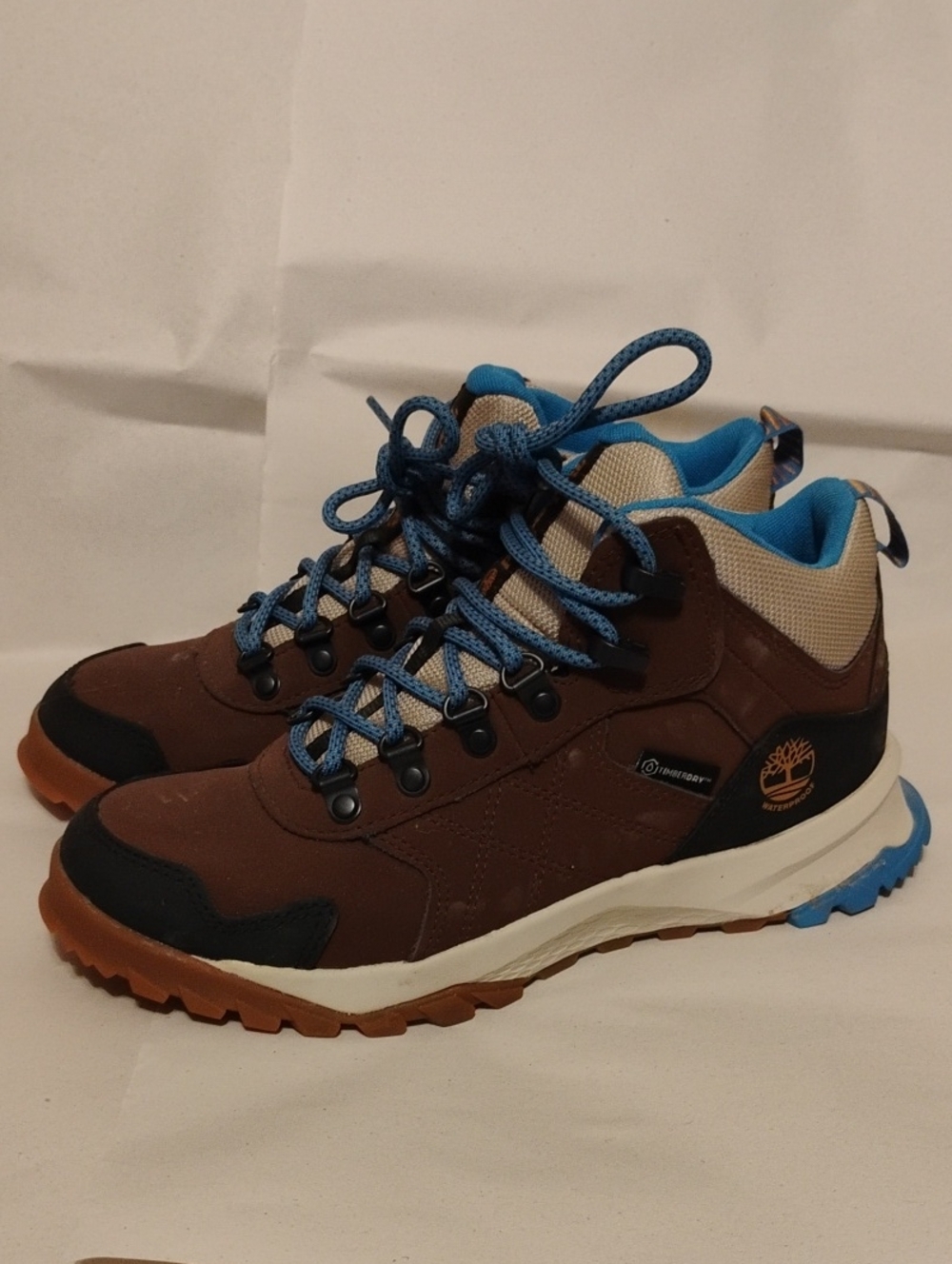 (D-4) NWOT Timberland Brown Hiking Boots W Blue Accents